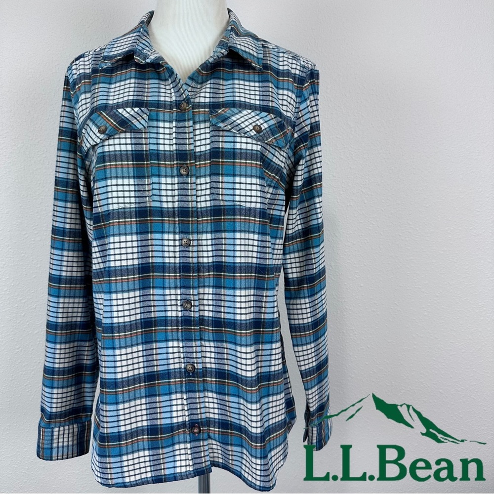 LL Bean Whisper Lodge Blue Plaid Flannel Shirt‎ Long Sleeve Button Down Womens M
